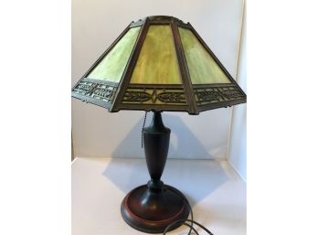 Antique Rainaud Colored Slag Glass Shade Table Lamp - 8-panels Shade With Stylish Metal Pedestal And Base
