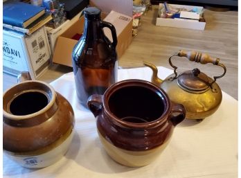4 Vintage Items -  1 Brown Apothecary Glass Jug, 2 Ceramic Pottery Bean Pots, I Copper & Brass Teapot
