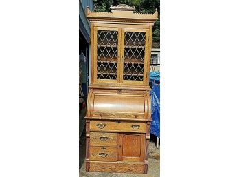 Eastlake Victorian Solid Oak Cylinder Roll Top Secretary Desk - Lead Fretwork Doors -fancy Crown Ca Late 1800s
