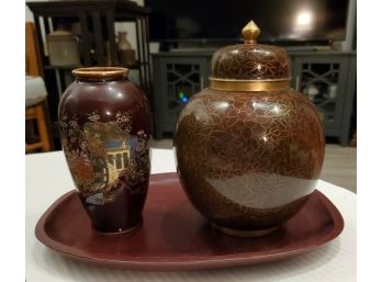 Vintage Japanese Import Decor.Hand Painted Lidded Satsuma Cloisonne Ginger Jar .Brass Finial  Vase & Wood Tray
