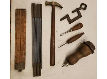 Antique Carpentry Tools Lot: 2 Folding Rules, A Wonderful Wood-handled Hammer, 2 Awls, A Clamp, &a Screwdriver