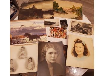Vintage Ephemera Lot Of Remington Arms Co. Prints (7), Watercolor (1),  Portrait Photos (4)  & Post Cards (2)