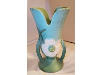 Vintage Weller Art Pottery Wild Rose (White Flower) On Lite Matte Green Vase With Curved - Handles 8.5' Tall
