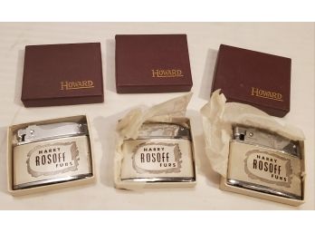 3 Vintage Lighters, New-in-Box, Advertising Items: Howard Rosoff Furs, 635 South Hill St., Los Angeles, Calif