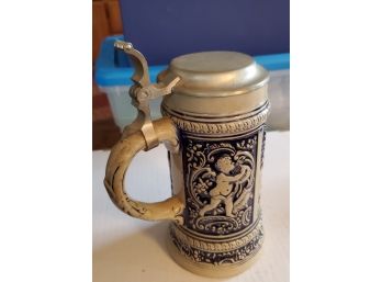 Vintage 'Old Gerz' Ceramic Lidded Stein Made In West Germany - With Cherubs: 1 Playing A Harp & 1 Frolicking
