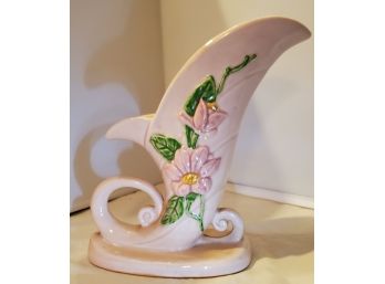 1940s Hull Art Pottery H-10-8 12' Pink Magnolias On A Lite Pink Cornucopia Vase With Curved Handles 9' Tall