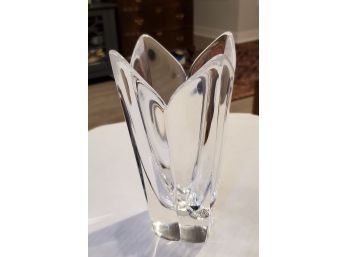 Orrefors Solid Crystal Glass 8.5' Lotus Vase -Etched Maker's Name On The Base -Lars Hellsten - Internal Defect