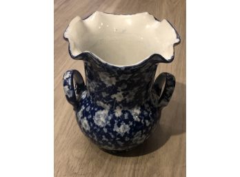 Beautiful 8.25' Tall Victoria Ware Vase  -Stoneware - Calico Blue Floral Pattern -2 Handles