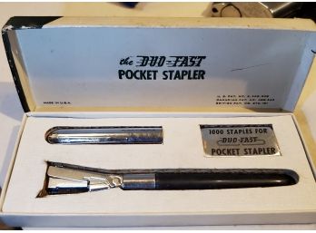 1950s Duo-Fast Pocket Stapler In Original Box - Stapler, Cap, & Box Of Extra Staples -Advertising Tchotchke