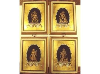 Vintage Set Of 4 Sungott Art Studios, NY ' Beauty For The Home' Artwork -with Brass Appliques Of Children