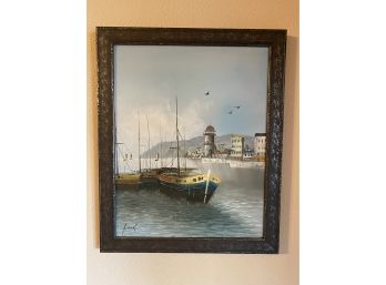 Signed Oil Painting On Canvas Of Boat With Town In Distance