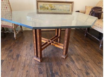 Mid Century Modern Glass Top Table With Wooden Base