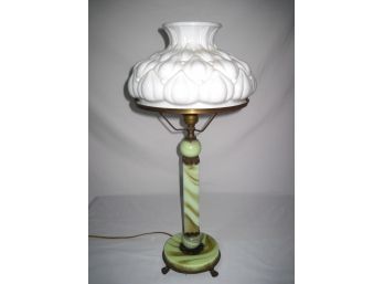 Vintage Double Ball Green Onyx Marble Lamp With Raised Milk Glass Shade