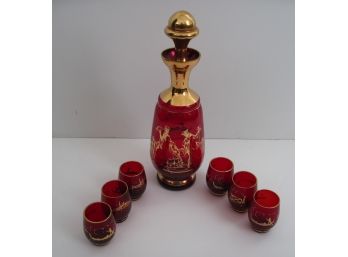 VENETIAN GLASS RUBY RED GOLD OVERLAY DECANTER SET