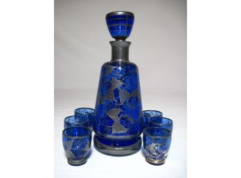 Vintage Silver Overlay Cobalt Blue Glass Decanter Set
