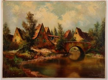 Listed German Artist Hermann Dieste Riverside Cottage Oil Painting 2