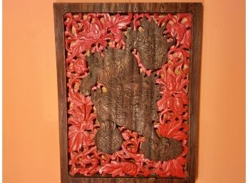 Framed Hand Carved Wood Ornate Dragon And Lattice Work Floral Piece