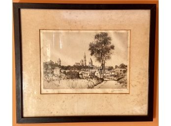 Samuel Chamberlain Etching Of A Skyline With Steeple And Tree