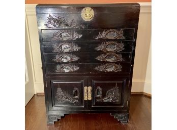 Four Drawer Lift Top Silver Keeper Cabinet With Beautiful Asian Themed Details