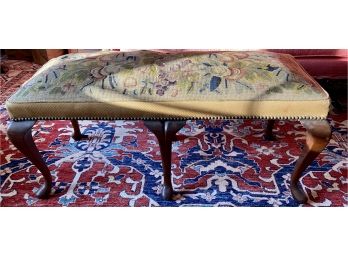 Antique Six Leg Bench With Needlepoint Floral Fabric And Hobnail Accents