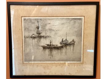 Artist Signed Etching Of Windmills And Hay Boats