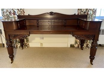 Stunning Carved Hardwood Antique Fourteen Drawer Executive Writing Desk With Hidden Compartments And Drawers