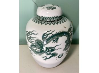 Asian Covered Urn Ginger Jar With Fine Painted Dragon Details