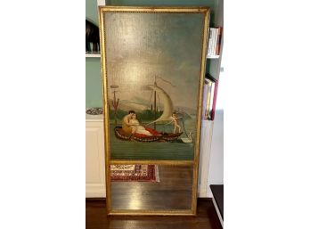 Antique Mirror With Oil On Board Cupid And Lovers Scene