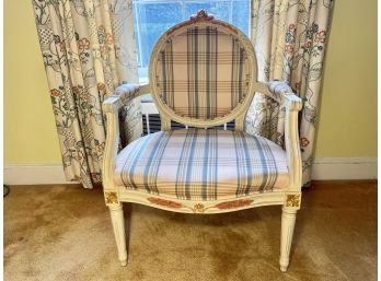Plaid Upholstered Bergere With Carved Rose Medallion At Top