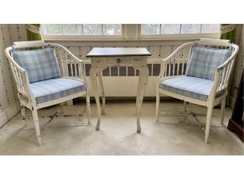 Pair Of Spindle Back Chairs And A Companion Single Drawer Table