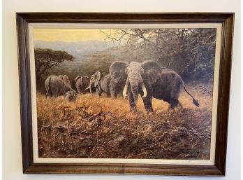 Oil On Canvas Of Elephants In The Wild By: G. Majewicz-Tanganyika