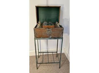 Antique Wrought Iron Stand With Fitted Locking Liquor Box And Many Stoppered Hand Blown Decanters