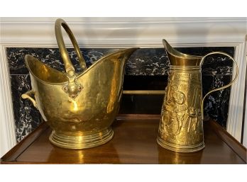 Hammered Brass Coal Scuttle And Brass Repousse Pitcher