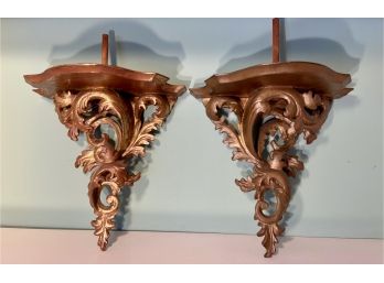Two Carved Wood Wall Candle Sconces