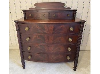 Antique Flame Mahogany Tall Chest Of Six Drawers