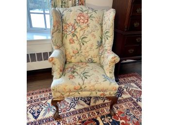 Wing Chair With Pretty Quilted Floral Fabric Upholstery