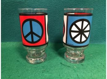 Estate Fresh Pair Of Vintage 1960s Peace, Freedom, Brotherhood Glass Drinking Glasses. Flawless Condition.