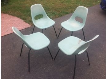 Set Of 4 Vintage Mid-Century Modern MCM Krueger Eames Style Molded Turquoise Fiberglass Bucket Chairs.