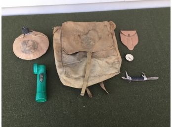 Lot Of Vintage Boy Scout Equipment. Backpack, Canteen, Pocket Knife, Flash Light, Compass (cracked Glass), Etc