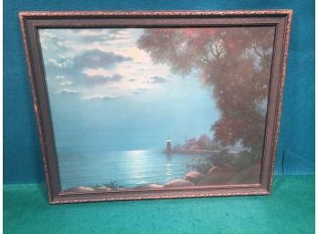 Antique Print Of Lighthouse In The Moonlight In Original Frame. Excellent.