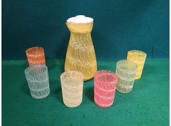 Vintage Mid-Century Modern MCM Spaghetti String Decanter And 6 Drinking Glasses Colour Craft Corporation.