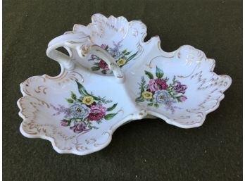 Antique 3 Compartment Porcelain Serving Dish With Flowers. Crown B Over Proof Mark In Blue. German?