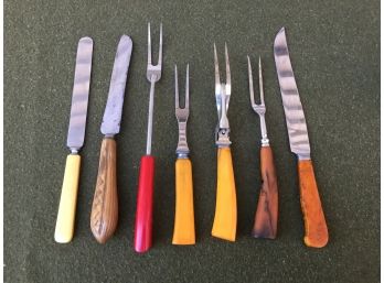 Estate Fresh Lot Of 7 Bakelite Handled Knife And Fork Cutlery Serving Carving Pieces. 4 Forks And 3 Knives.