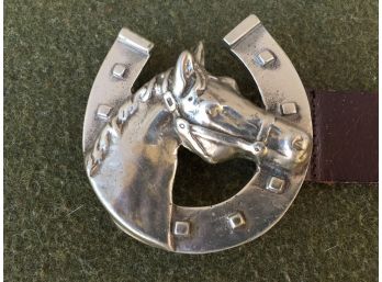 Banana Republic Equestrian Horseshoe With Horse Head Buckle And 1 1/2' Brown Leather Belt Size 30.