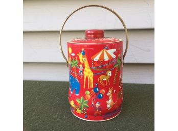 Vintage Meadowcroft Toffee Tin With Handle  Removable Top Wonderful Circus Animal Carnival Made In England.