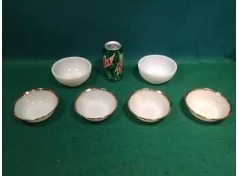 Vintage Fire King Bowls. (2) White 5' Bowls And (4) White 4 78' Bowls With Gold Trim.