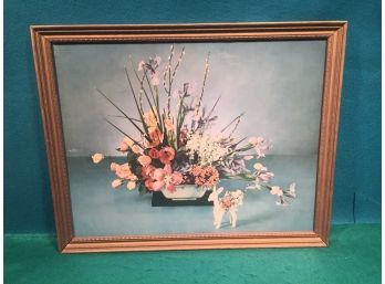 Vintage 1930s - 1940's Floral Print In Original Frame. Beautiful Wood Frame. Excellent.