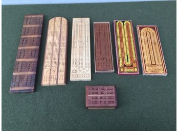 7 Vintage Or Antique Wood Cribbage Boards. Stancraft, Lenz, Drueke, The United States Playing Card Co.