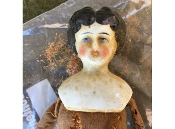 Antique Porcelain Head, Arms And Lower Legs Doll. Sawdust Filled. Number 2 Stamped On Back Of Neck. Needs TLC
