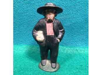 Antique Cast Iron Amish Man With Beard, Hat, Carrying Book. Beautiful Original Paint. Nicest One Ever!